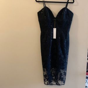 NWT dress the population, sequin floral cocktail midi dress, black,  L